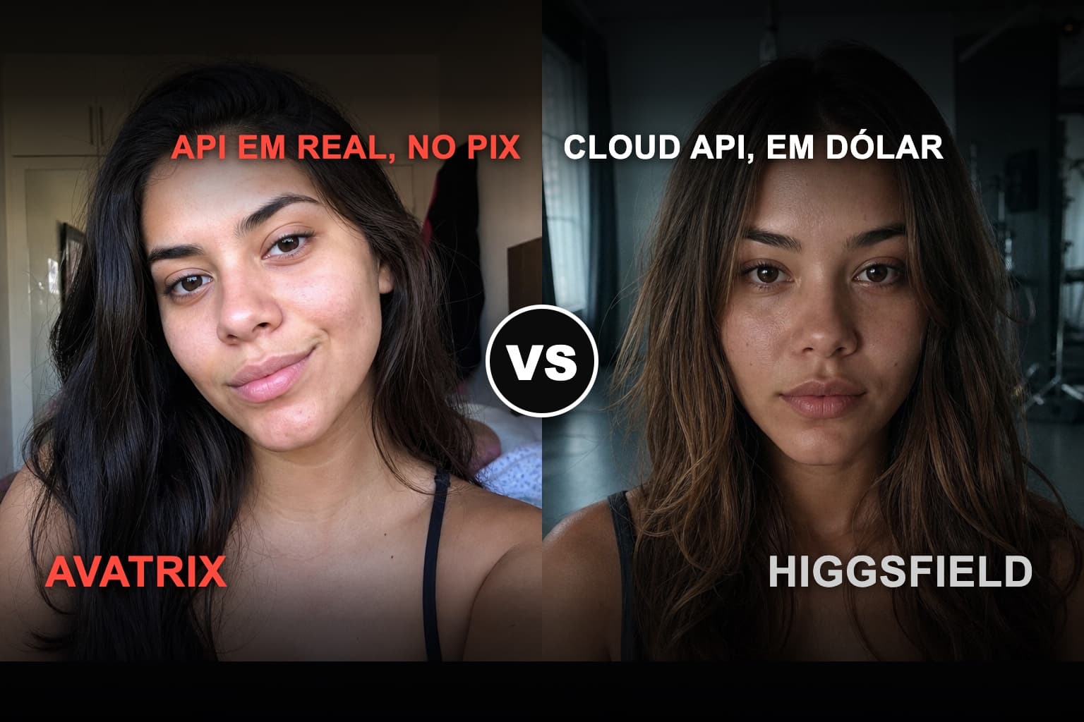 Comparativo entre a API da Avatrix e a do Higgsfield pra gerar influencer IA: token self-serve em real de um lado, plataforma global em dólar do outro