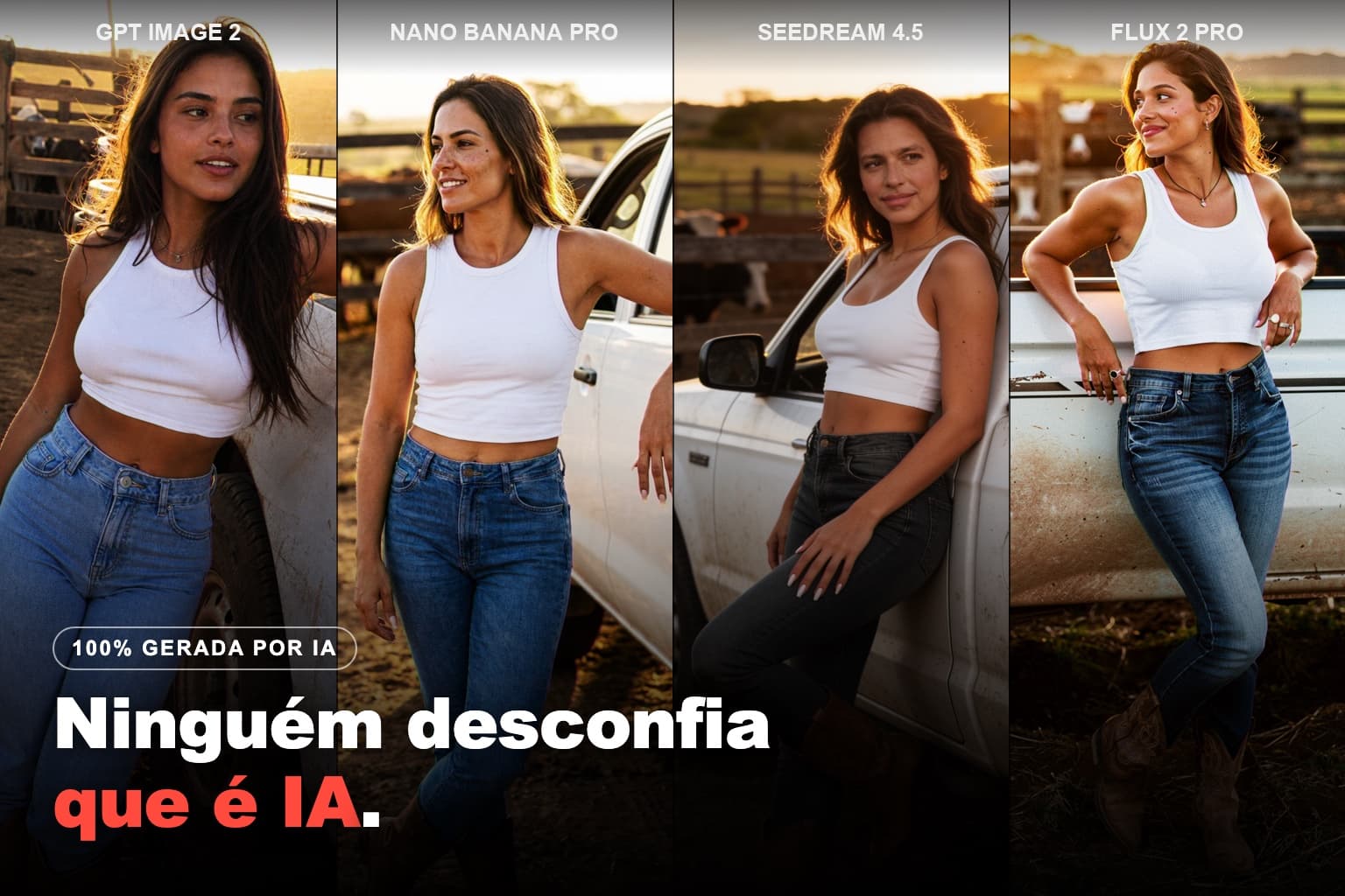 A mesma influenciadora gerada com IA em quatro modelos do Avatrix — GPT Image 2, Nano Banana Pro, Seedream 4.5 e Flux 2 Pro — lado a lado, com a frase 'Ninguém desconfia que é IA'