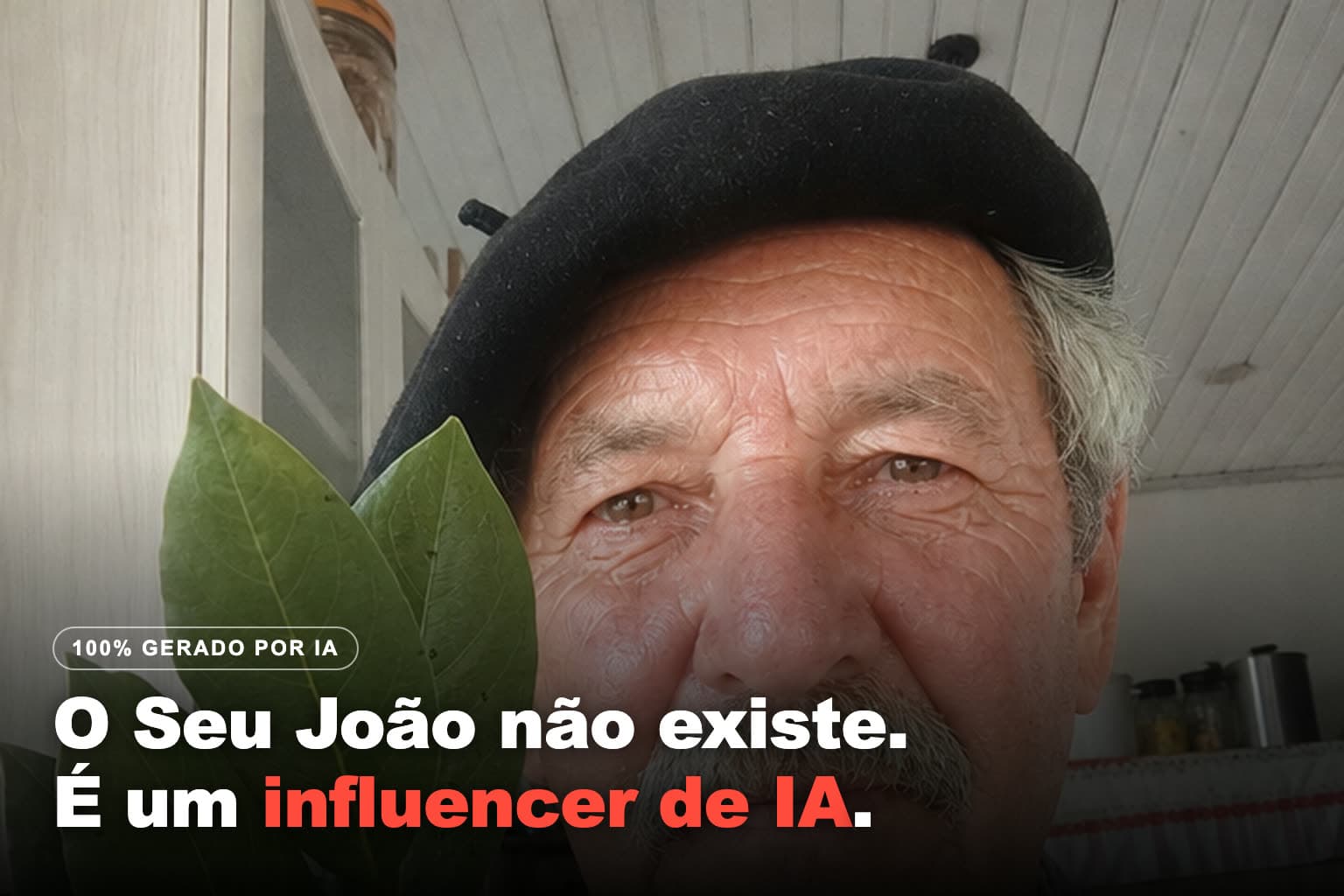 Seu João, influencer 100% IA de saúde natural criado neste tutorial, mostrando um ramo de louro pra câmera numa cozinha de interior