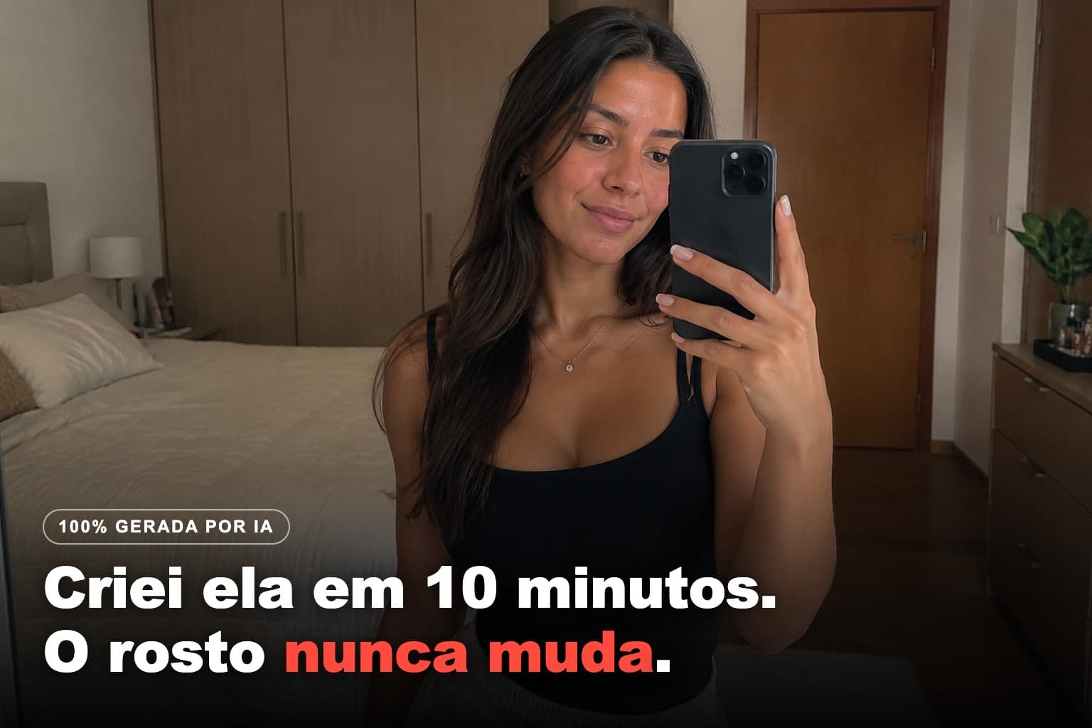 Selfie de uma influencer 100% gerada por IA no Avatrix, no quarto, com a frase: criei ela em 10 minutos, o rosto nunca muda