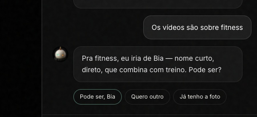 O Avi sugerindo o nome Bia para o nicho de fitness, com os botões Pode ser, Quero outro e Já tenho a foto