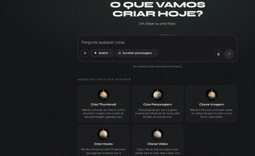 A vitrine do Chat IA com o campo de escrever e os cinco agentes oficiais