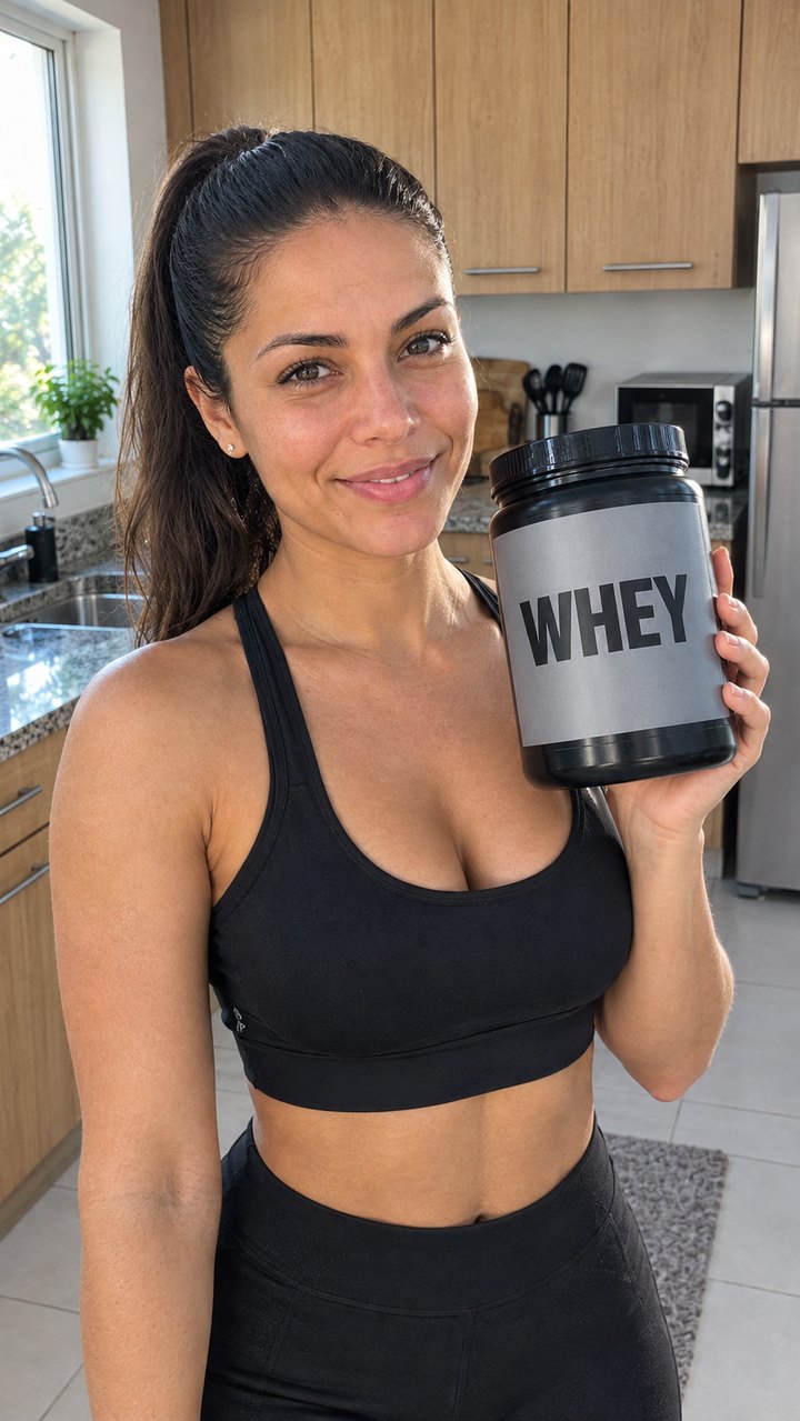 A foto da Bia na cozinha segurando um pote com o rótulo WHEY legível