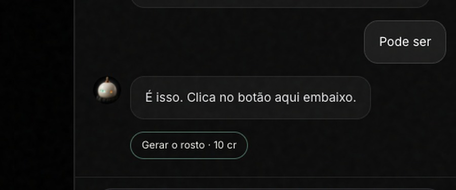 O botão Gerar o rosto com o preço de 10 créditos no fim da conversa com o Avi