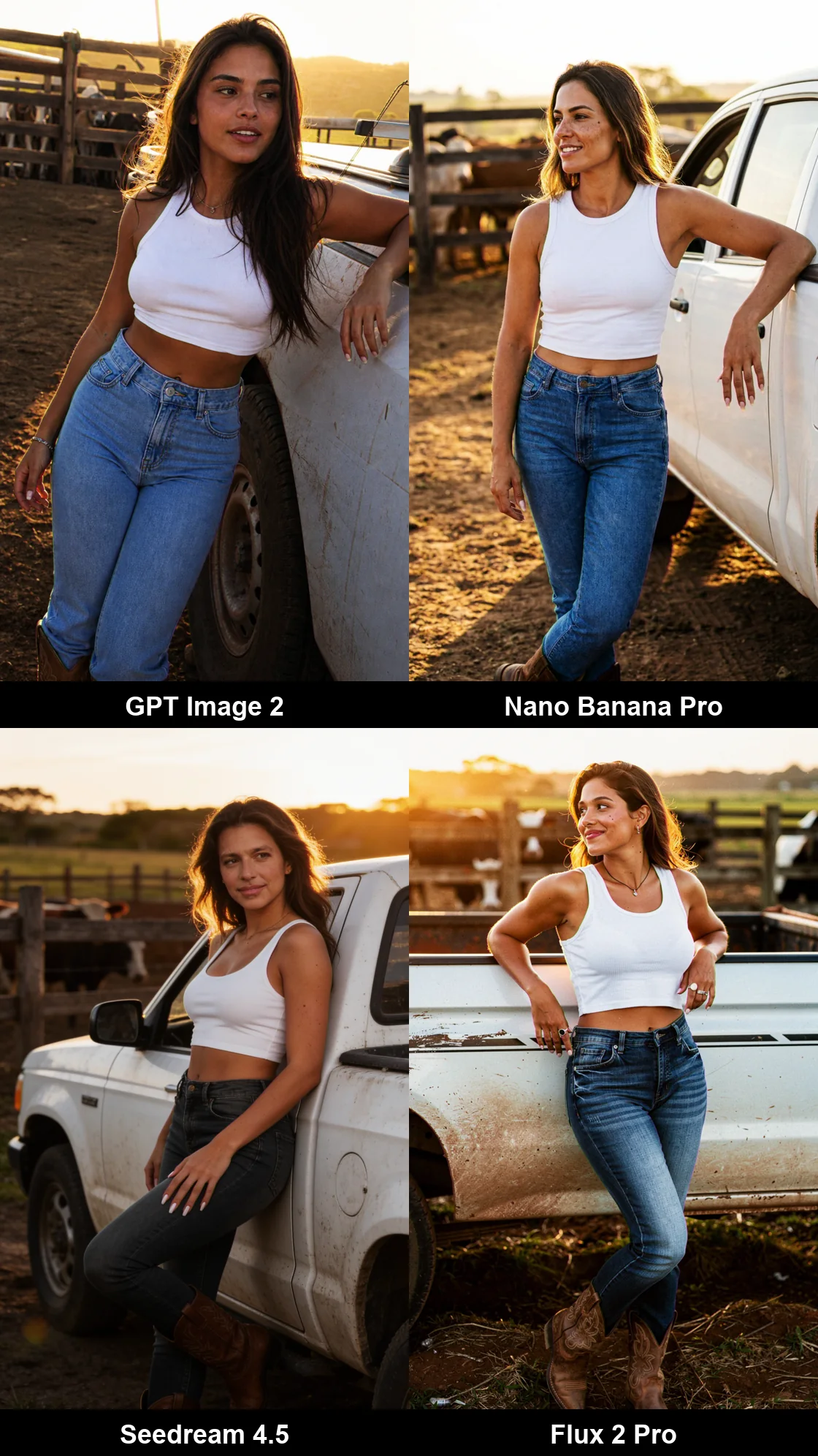 A mesma influenciadora do agro gerada em quatro modelos do Avatrix lado a lado, mostrando a diferença de realismo de rosto e pele entre GPT Image 2, Nano Banana Pro, Seedream 4.5 e Flux 2 Pro.