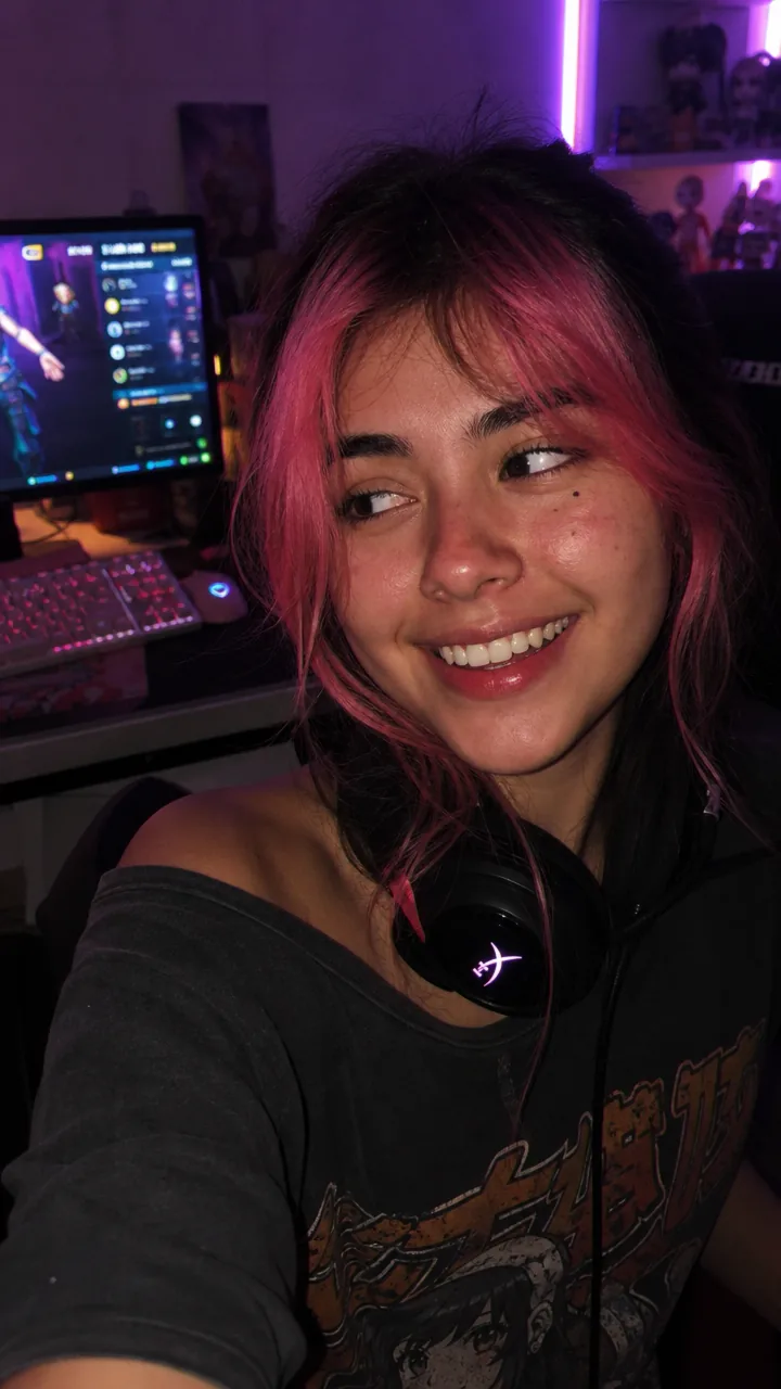 Selfie de uma gamer it-girl com mechas rosa, headset no pescoço e setup RGB roxo atrás, rindo de lado. Pele com textura, grão de foto de celular.