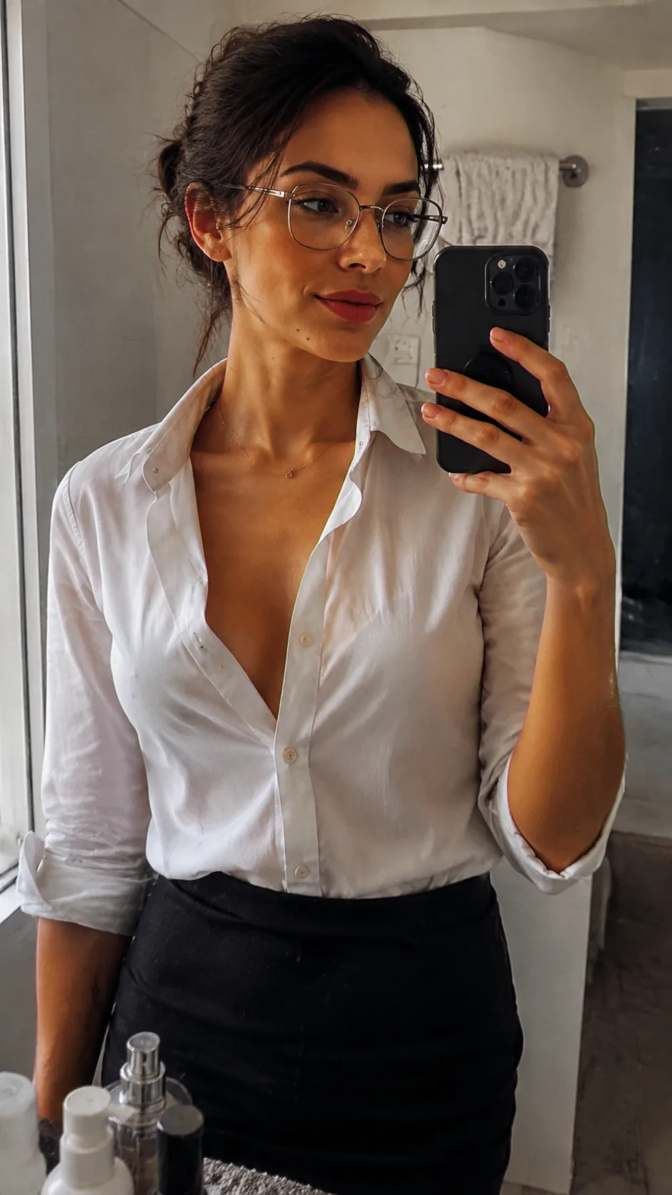 Mulher de camisa branca de escritório e saia lápis tirando selfie no espelho de um banheiro real, óculos finos, luz de janela suave, frascos de skincare na bancada.