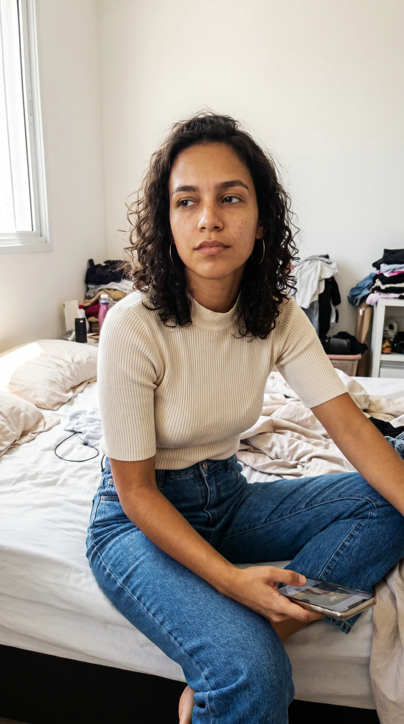 A influencer âncora numa cena nova: sentada na beira da cama, tricô creme e jeans, segurando o celular. Mesmo rosto da âncora.