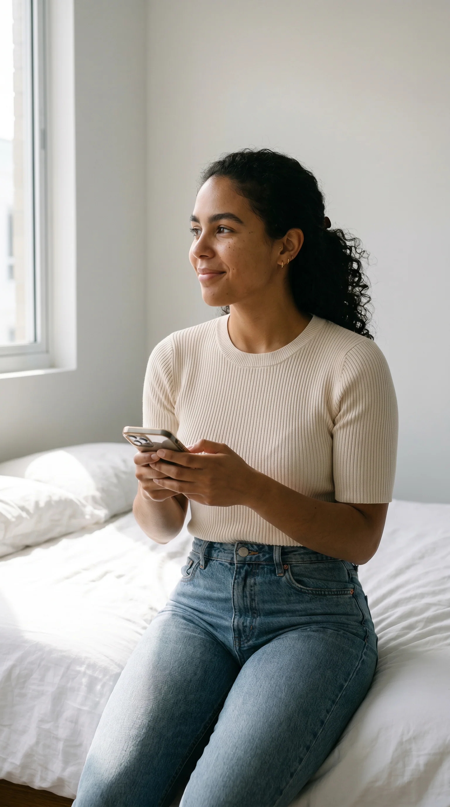 A influencer âncora numa cena nova: sentada na beira da cama, tricô creme e jeans, segurando o celular. Mesmo rosto da âncora.