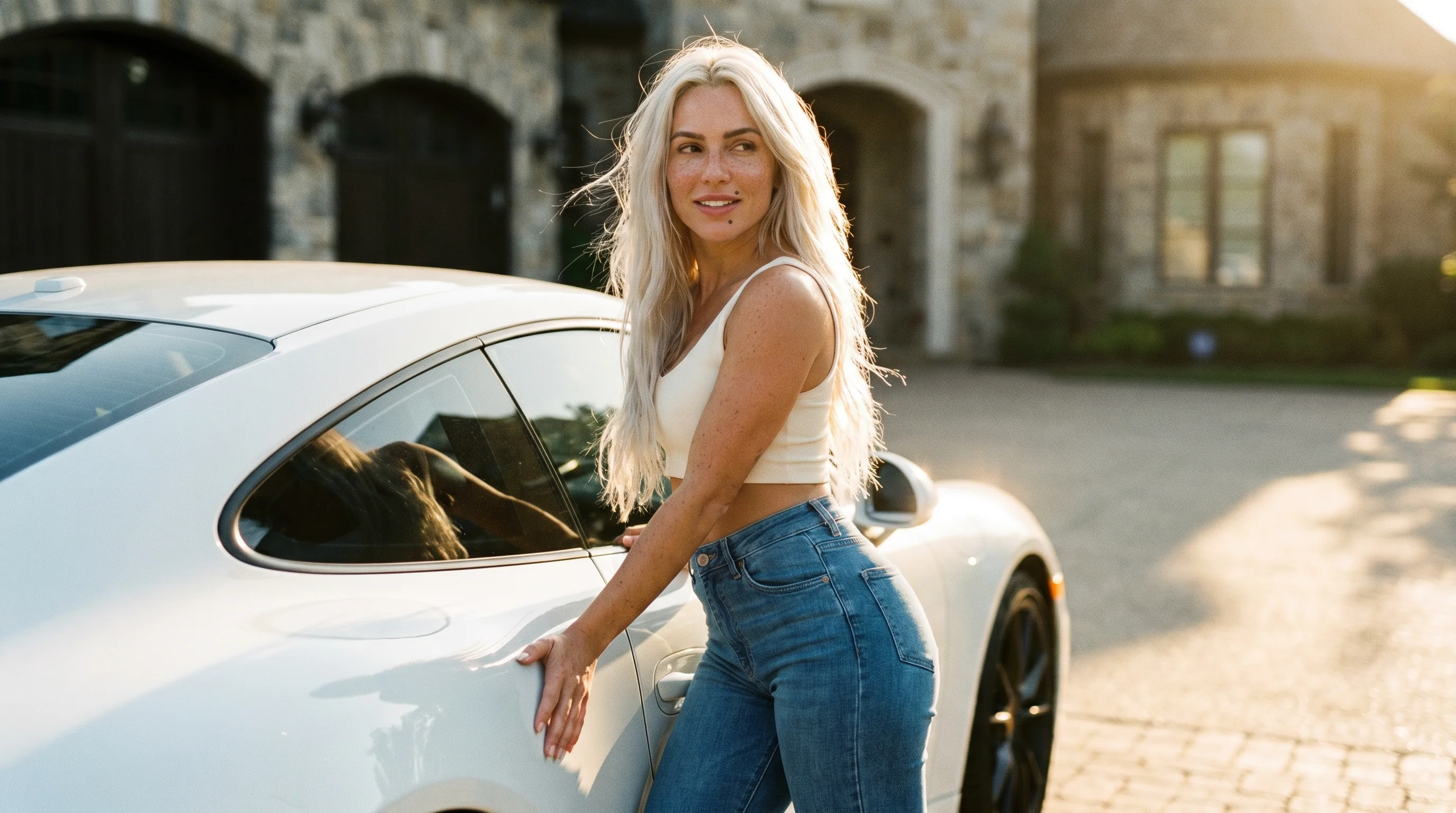 Mulher loira encostada num carro esportivo branco na entrada de uma mansão, luz quente de fim de tarde, cabelo ao vento, fundo desfocado.