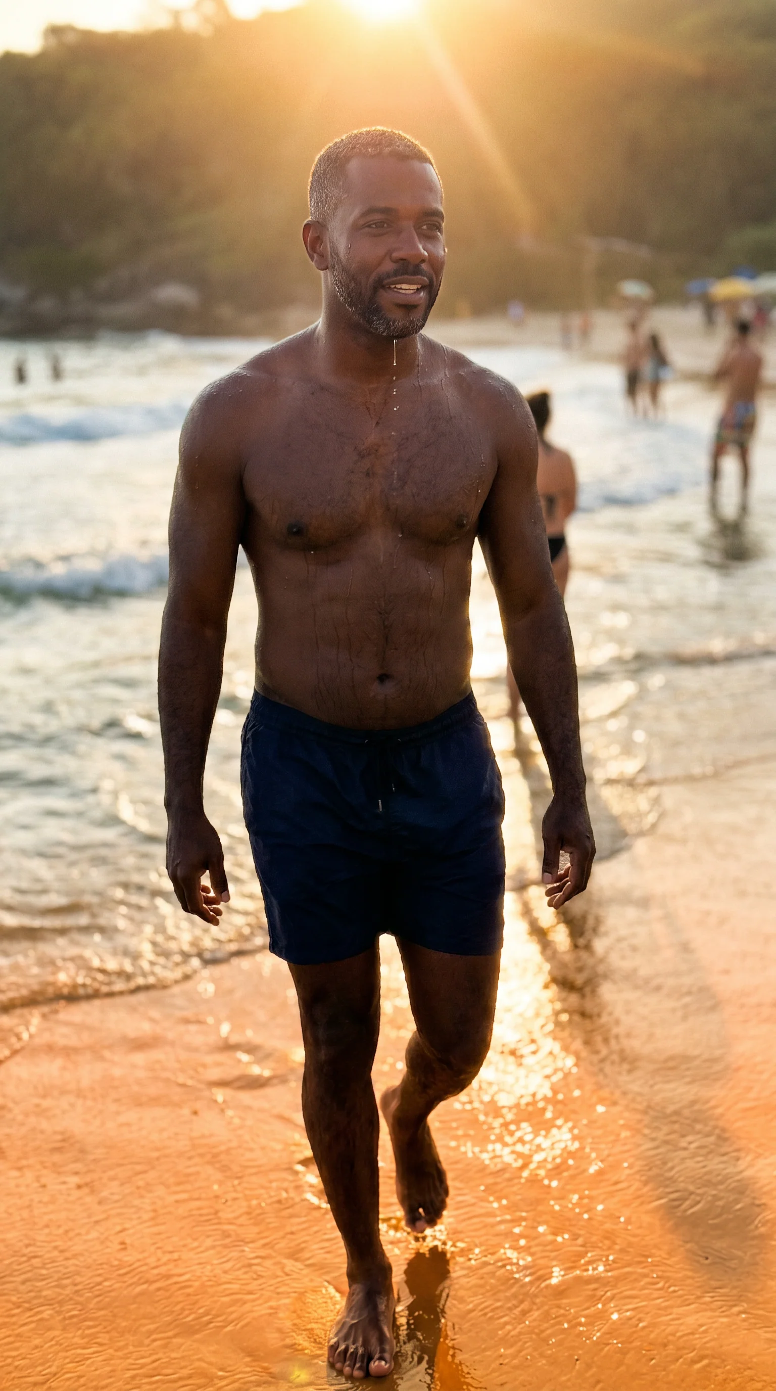Homem negro de uns 38 anos saindo do mar no fim de tarde, água escorrendo, contraluz quente com flare, banhistas desfocados ao fundo.