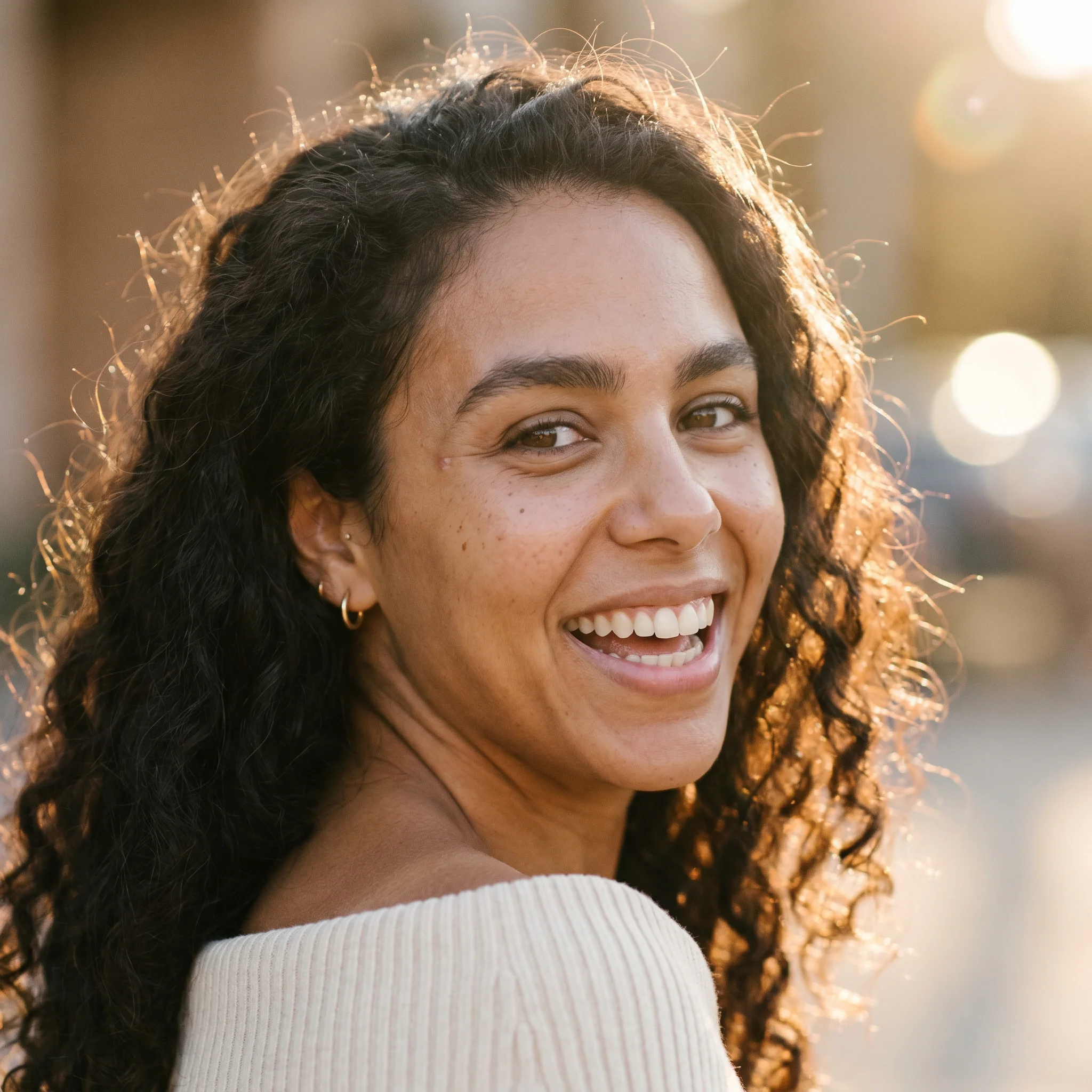 A mesma influencer num retrato de golden hour: contraluz quente no cabelo, sorrindo, fundo desfocado. Mesmíssimo rosto.