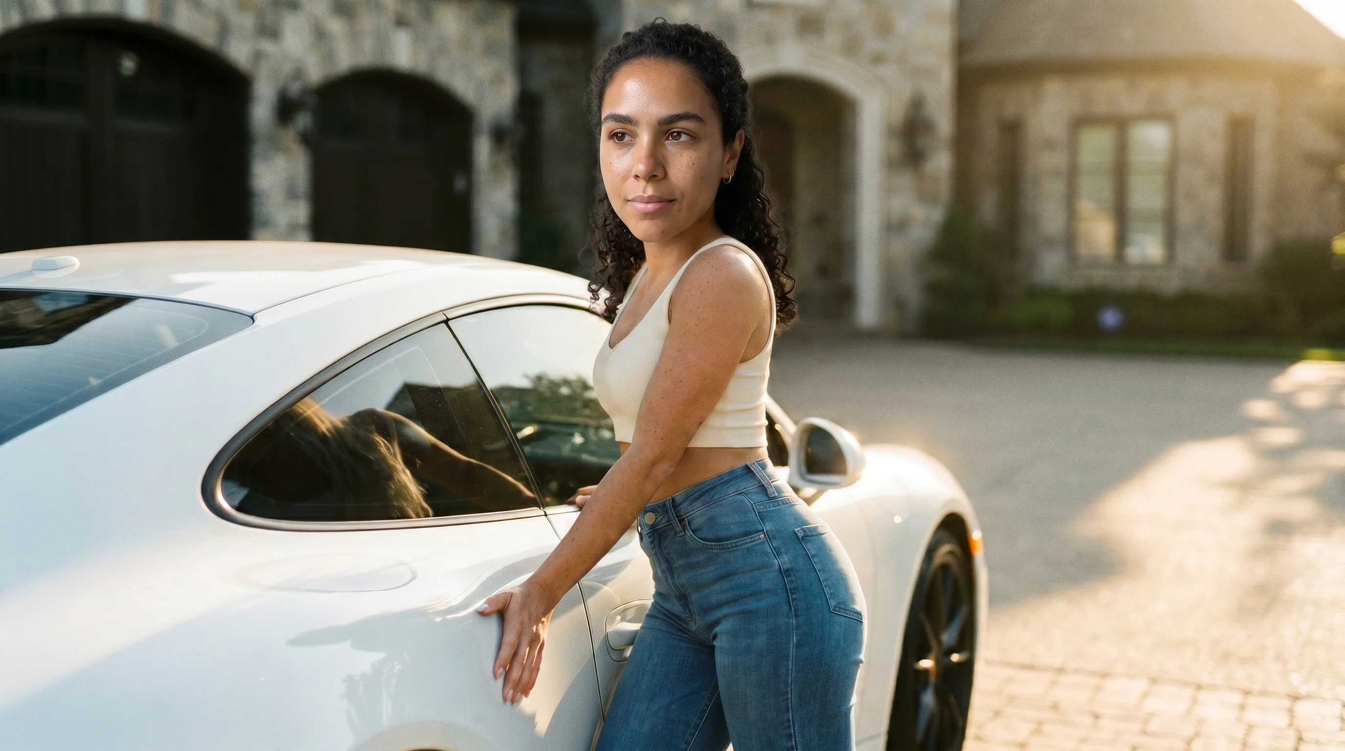 A cena de luxo do carro branco mantida 100%, mas com o rosto da influencer âncora cacheada no lugar da loira. Lê como uma foto única, sem emenda.