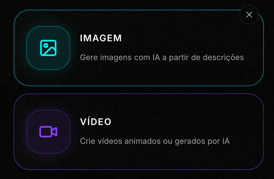 O seletor de card: IMAGEM pra gerar o quadro, VÍDEO pra animar depois.