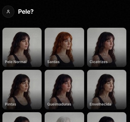 A etapa de Pele. Marquei Sardas — é só uma escolha de atributo, igual aos outros.