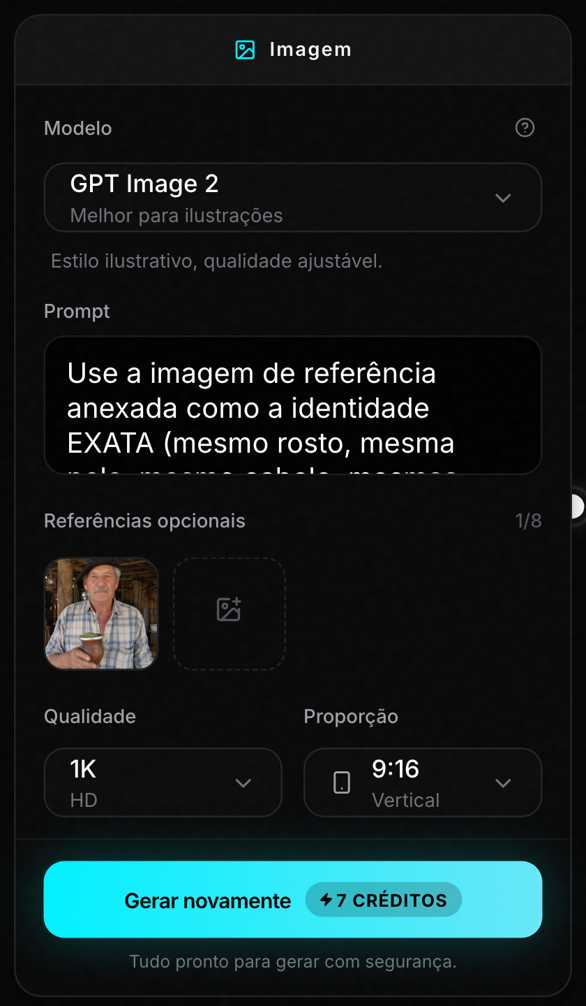 O card de Imagem configurado no Workflow: o modelo GPT Image 2 (1), a referência do Seu João anexada (2) e o botão Gerar com o custo de 7 créditos (3).