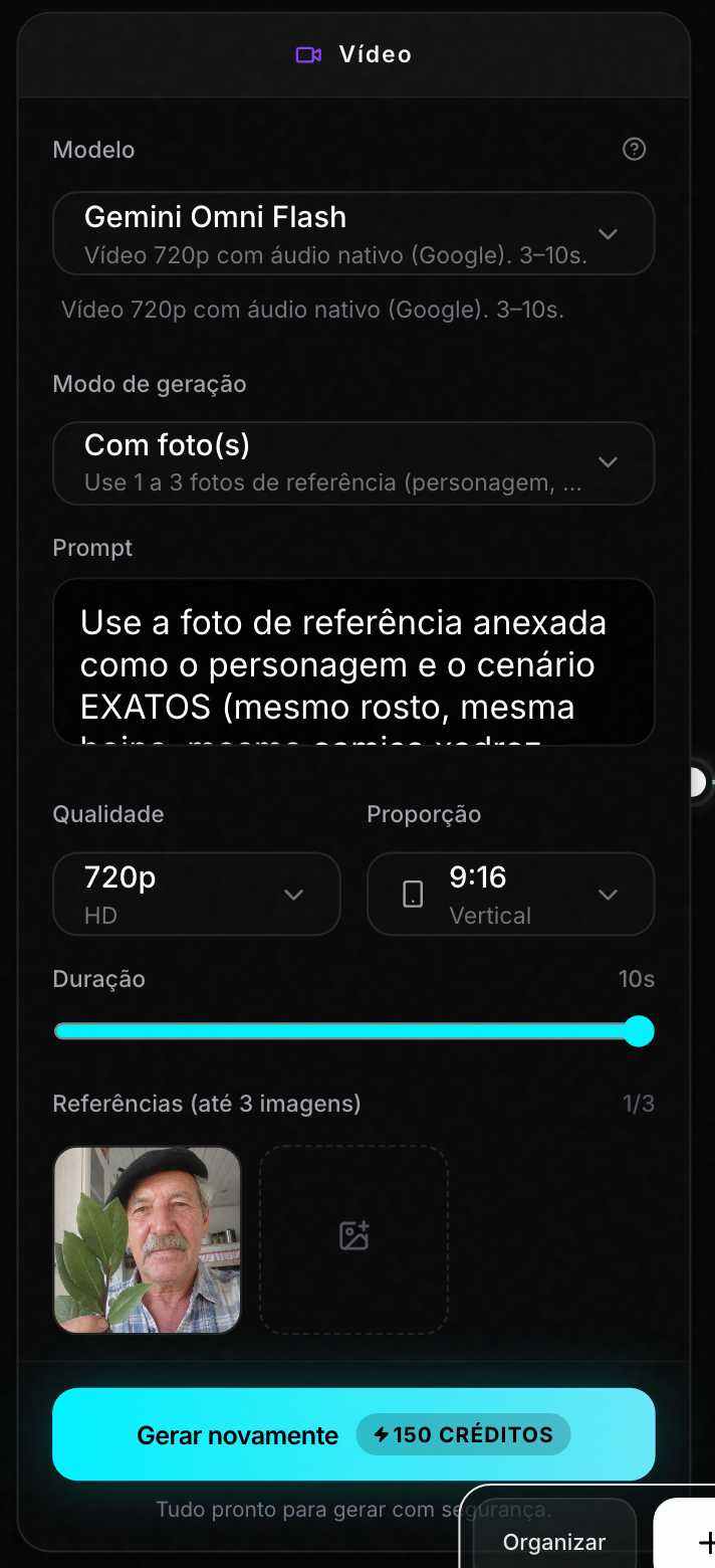 O card de Vídeo configurado: o Gemini Omni Flash com áudio nativo (1), a referência do quadro gerado anexada (2) e a duração em 10 segundos (3).