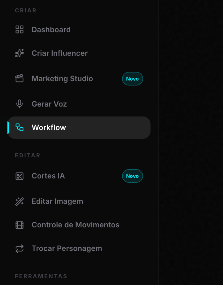 Menu lateral do Avatrix com o item Workflow destacado: é onde o processo inteiro deste guia acontece.