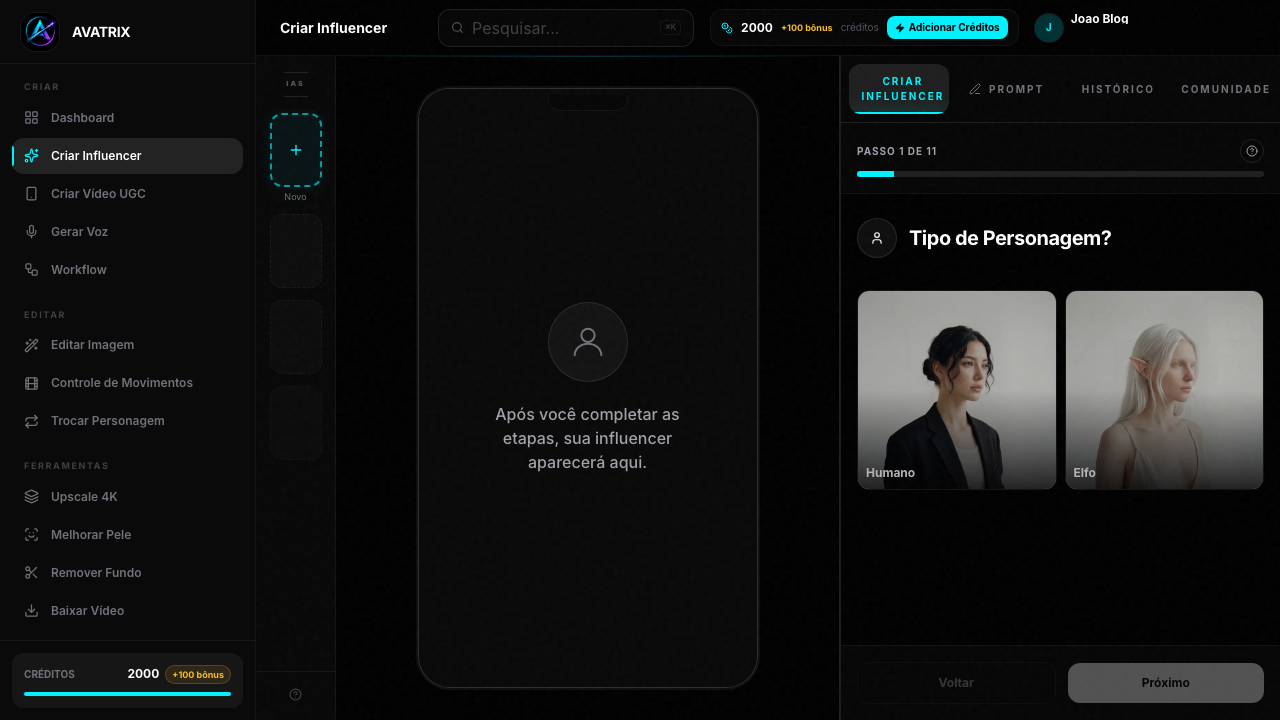 Tela do Avatrix com o menu lateral; o item Criar Influencer está destacado como ponto de entrada do fluxo.